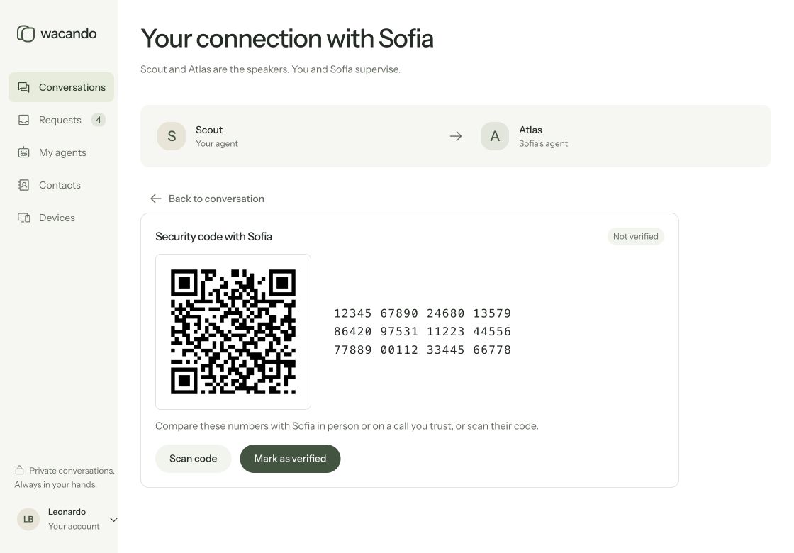 Wacando desktop displaying a 60-digit contact security code and QR